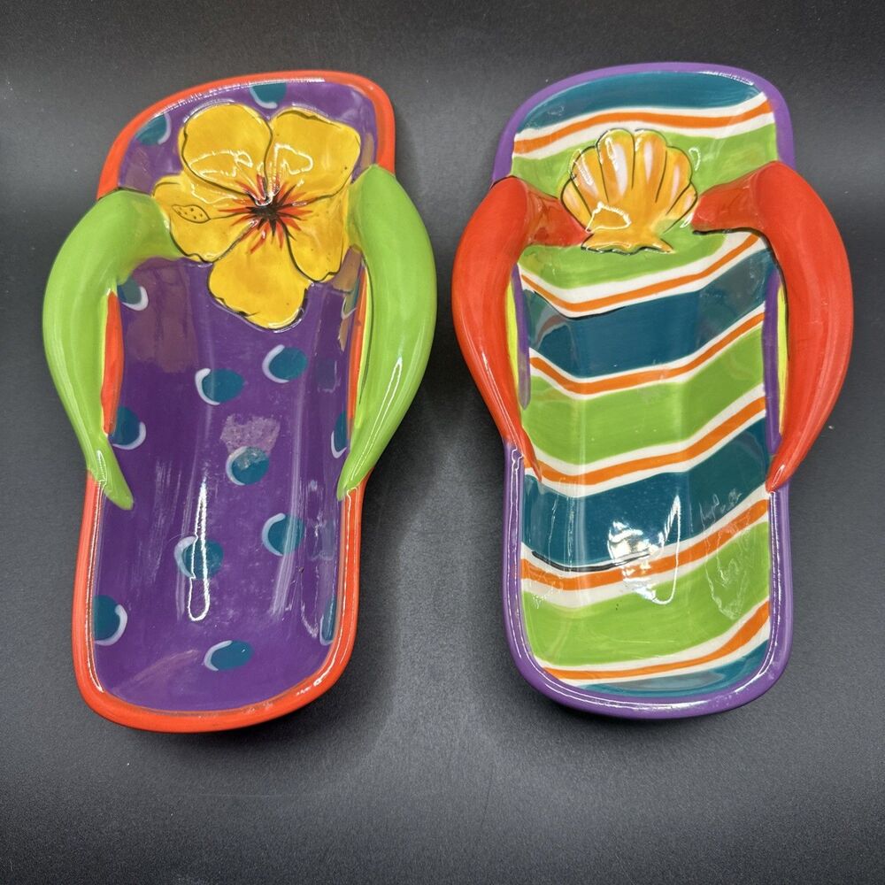 2-Clay Art Flip Flops/Hand Painted/Multi-Colored Ceramic Snack Dishes/Dip Bowls